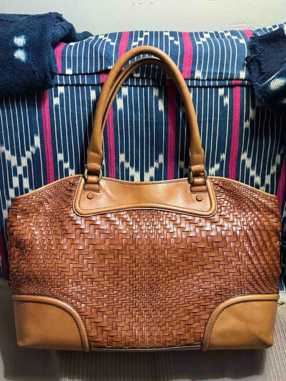 XL Vintage Cole Haan “Genevieve” Woven Leather satchel laptop travel shoulderBag